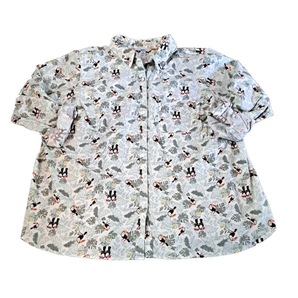 Womens Croft & Barrow Top Button Collared Roll Tab Tropical Toucan Pocket 2X